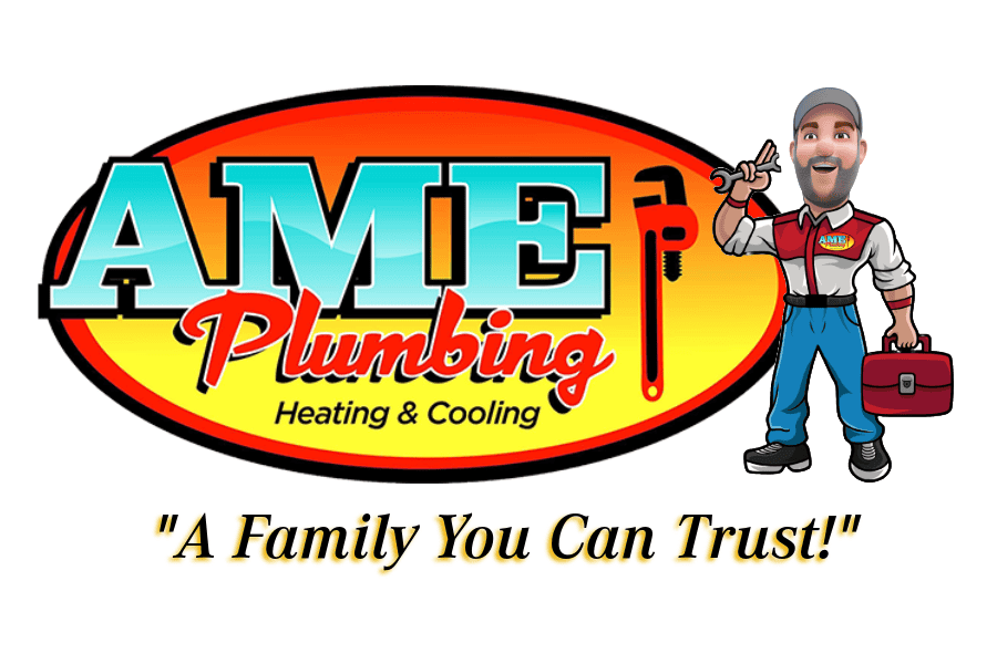 Logo for AME Plumbing Heating & Cooling featuring a cartoon plumber holding a wrench and toolbox, with the slogan "A Family You Can Trust!" in a bold, colorful design.