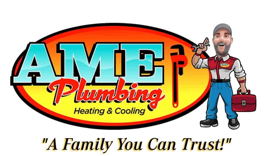 This is the brand logo for AME Plumbing, Heating & Cooling. It features a bright, oval-shaped emblem with the company name, along with a cartoon mascot of a cheerful, bearded plumber holding a wrench and a red tool bag.