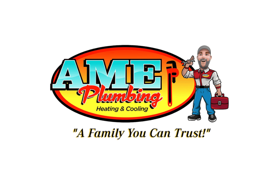 Logo for "AME Plumbing Heating & Cooling" showcasing a cartoon plumber holding a wrench and toolbox, donned in a cap and uniform. The text below, "AME Plumbing: A Family You Can Trust!", sits against a bright oval background.