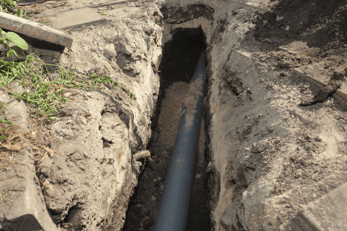 A newly installed black pipe lies in a narrow trench dug through soil and dirt. Despite using trenchless water line repair techniques nearby, exposed earth edges surround the trench, with scattered patches of green grass visible on the left side.