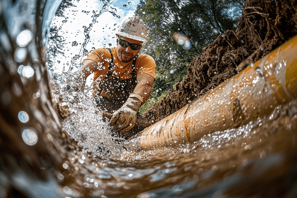 A construction worker in a hard hat and sunglasses is laying a yellow pipe amidst splashing water, showcasing the dynamic process of trenchless water line repair. Trees stand in the background under a clear blue sky, highlighting the challenges of outdoor work.
