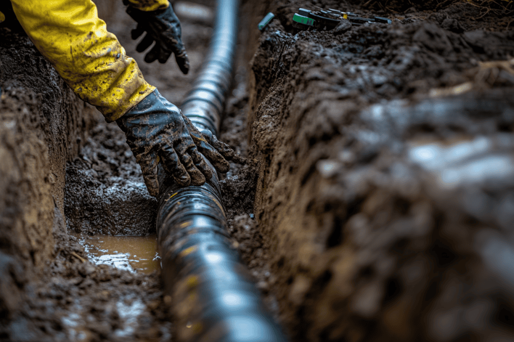 A worker in a yellow jacket and gloves is meticulously repairing a large black pipe using trenchless water line repair techniques. The wet, muddy trench is filled with small puddles as the worker's hands skillfully adjust the pipe amidst the moist, earthy surroundings.