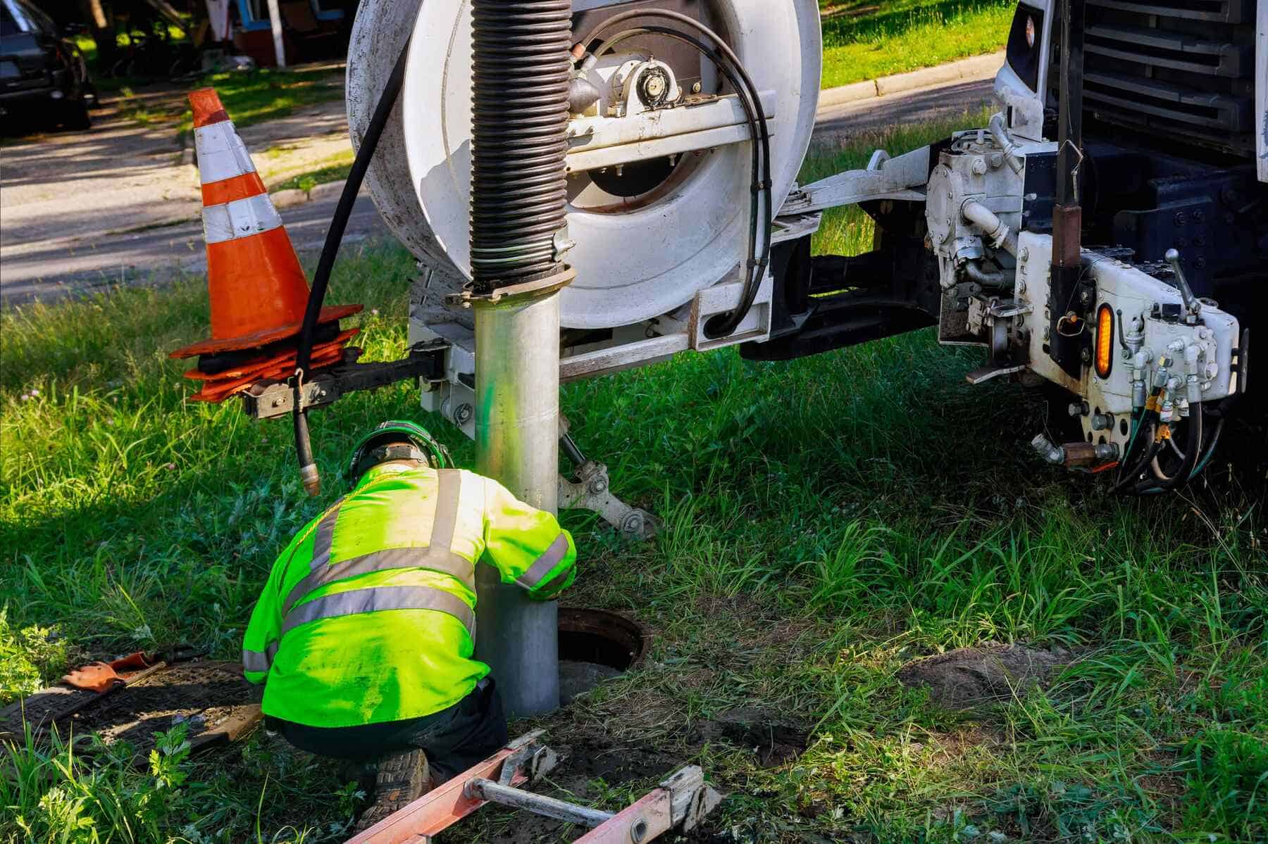 A worker in a bright yellow safety jacket and helmet operates a large truck-mounted vacuum excavation machine to clean a sewer line. The worker is bending down near an open manhole, surrounded by grass and a traffic cone.