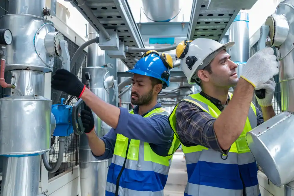 Two male workers in safety vests and helmets inspect and adjust industrial pipes and equipment in a factory or plant setting. Both are focused on their tasks and surrounded by metal machinery.