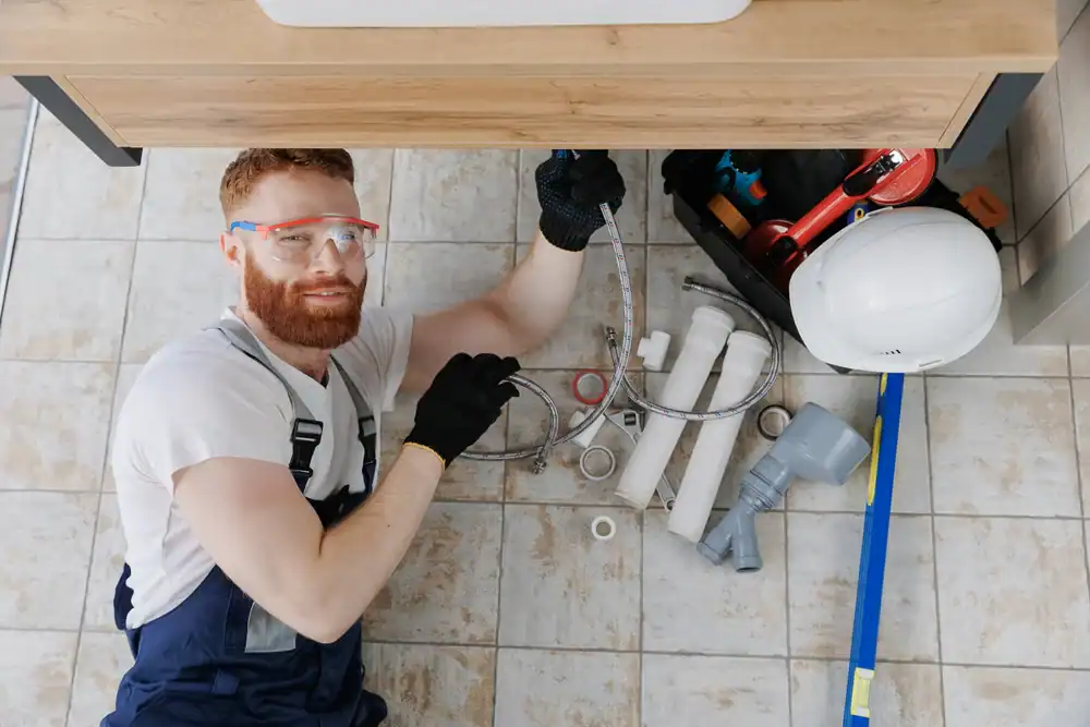 A plumber wearing gloves and safety goggles lies on the floor under a sink, holding a flexible pipe. Plumbing tools, pipes, tape, and a white hard hat are scattered nearby.