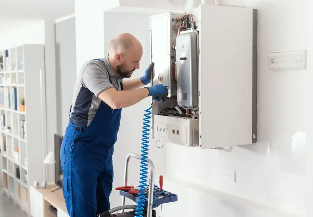 A technician in blue overalls adjusts a wall-mounted boiler using tools, with an air hose connected. He is working indoors in a modern, well-lit room.